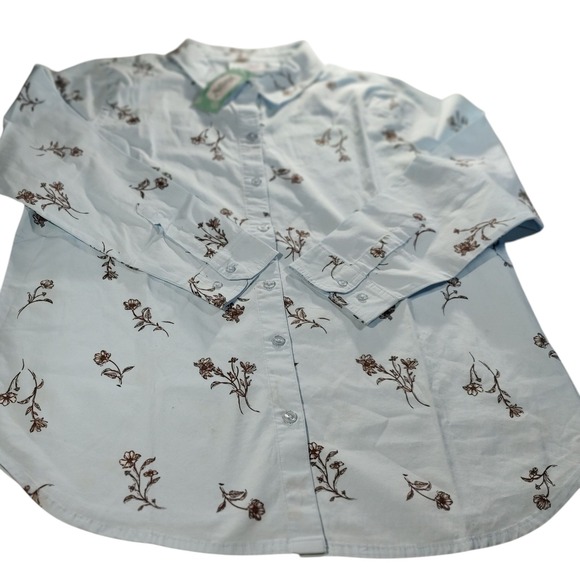New National Button Up Blouse Top Blue Brown Floral Stretch Womens Petite Large - Picture 7 of 11